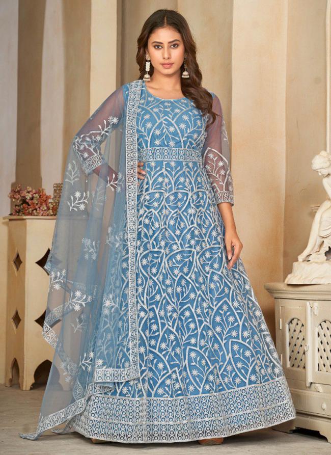 Net Sky Blue Ceremonial Wear Embroidery Work Anarkali Suit